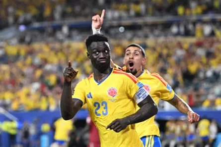 Colombia’s Davinson Sánchez sees the assistant referee’s flag after thinking he had scored the winner