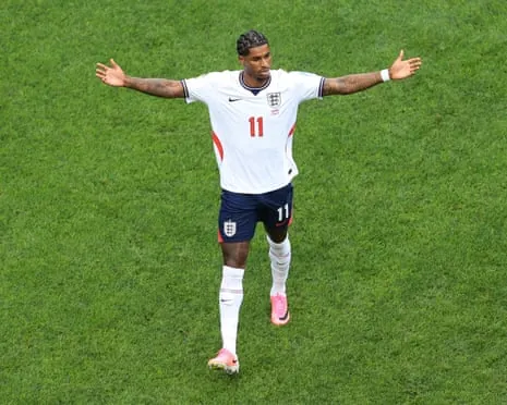 Marcus Rashford gestures with both arms out during England's game against Ghana