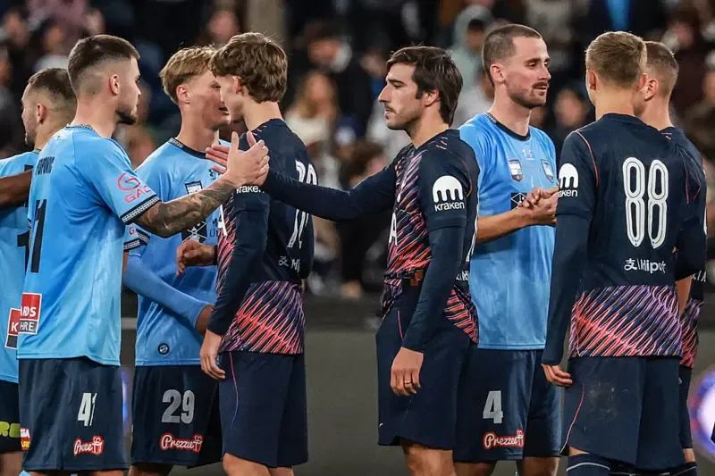 Sydney's and Tottenham's players greet each other at the end of the Sydney Super Cup