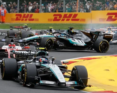 Mercedes driver George Russell spins on the track during the Belgian Grand Prix
