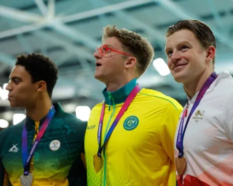 South Africa’s Michael Houlie (left), Sam Williamson of Australia (centre) and Adam Ramsay-Peaty of England after the 50m breaststroke final.