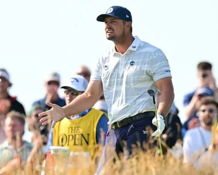 Bryson DeChambeau reacts to his shot from the 7th tee