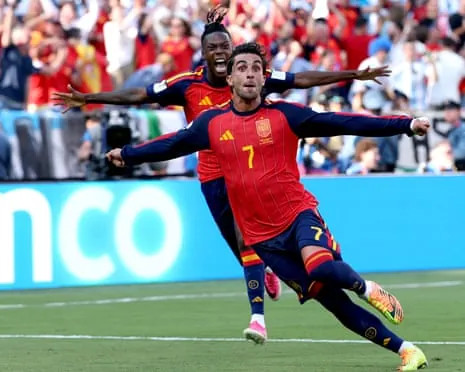 Ferran Torres celebrates after scoring for Spain in the World Cup final against Argentina