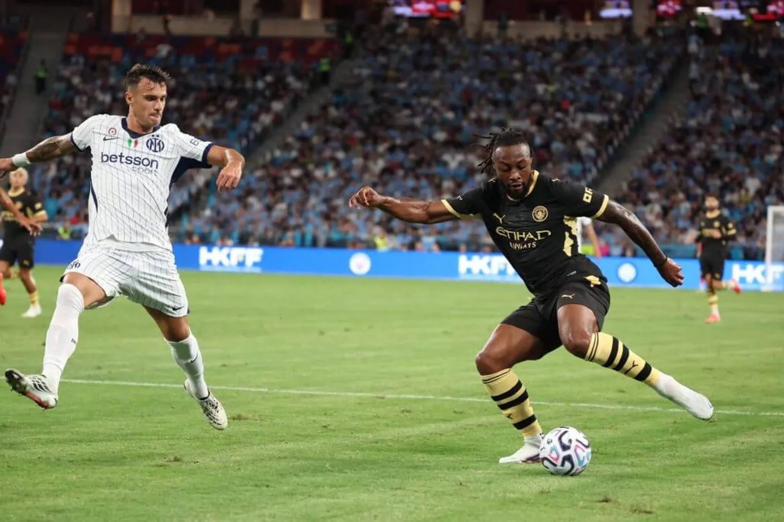Manchester City's Antoine Semenyo (right) in pre-season action against Inter in Hong Kong